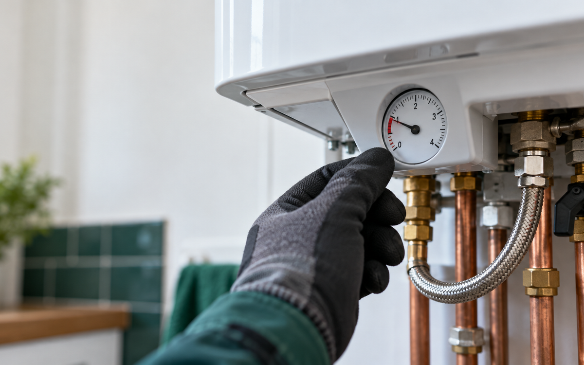 Technician checking boiler pressure
