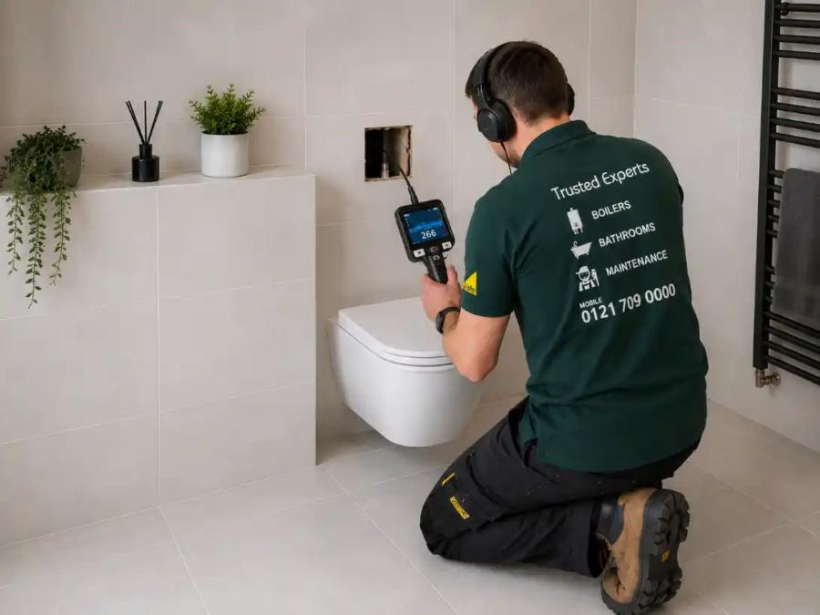 Engineer using leak detection equipment beside a toilet