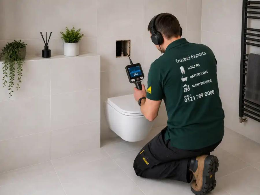 Engineer using leak detection equipment beside a toilet