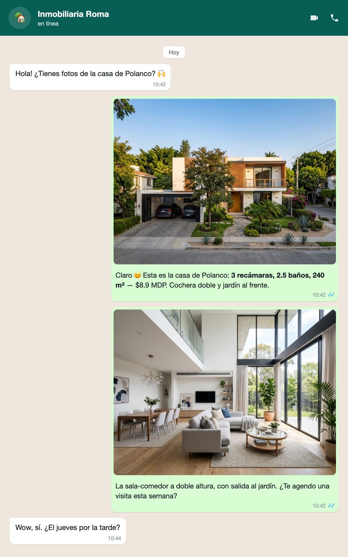 Mockup de WhatsApp: el cliente pide fotos de la casa de Polanco y el bot de la inmobiliaria manda la fachada y la sala con precio, recamaras y metros en el pie de cada foto