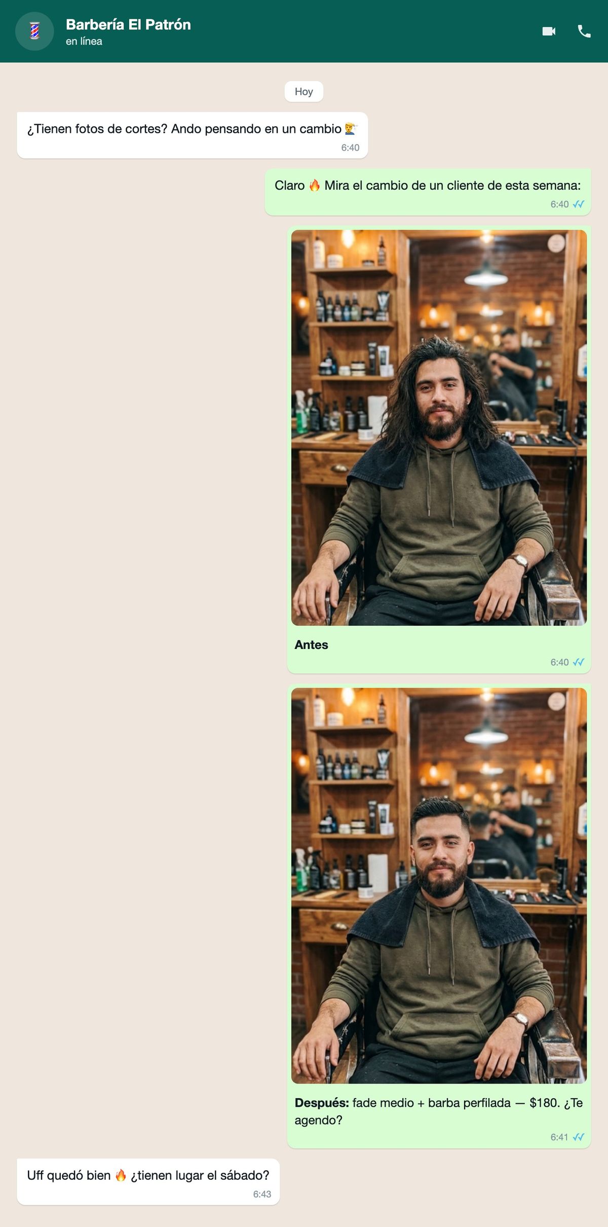 Mockup de WhatsApp: el bot de una barberia muestra el antes y despues del corte de un cliente en dos fotos consecutivas, la segunda con el precio y la oferta de agendar
