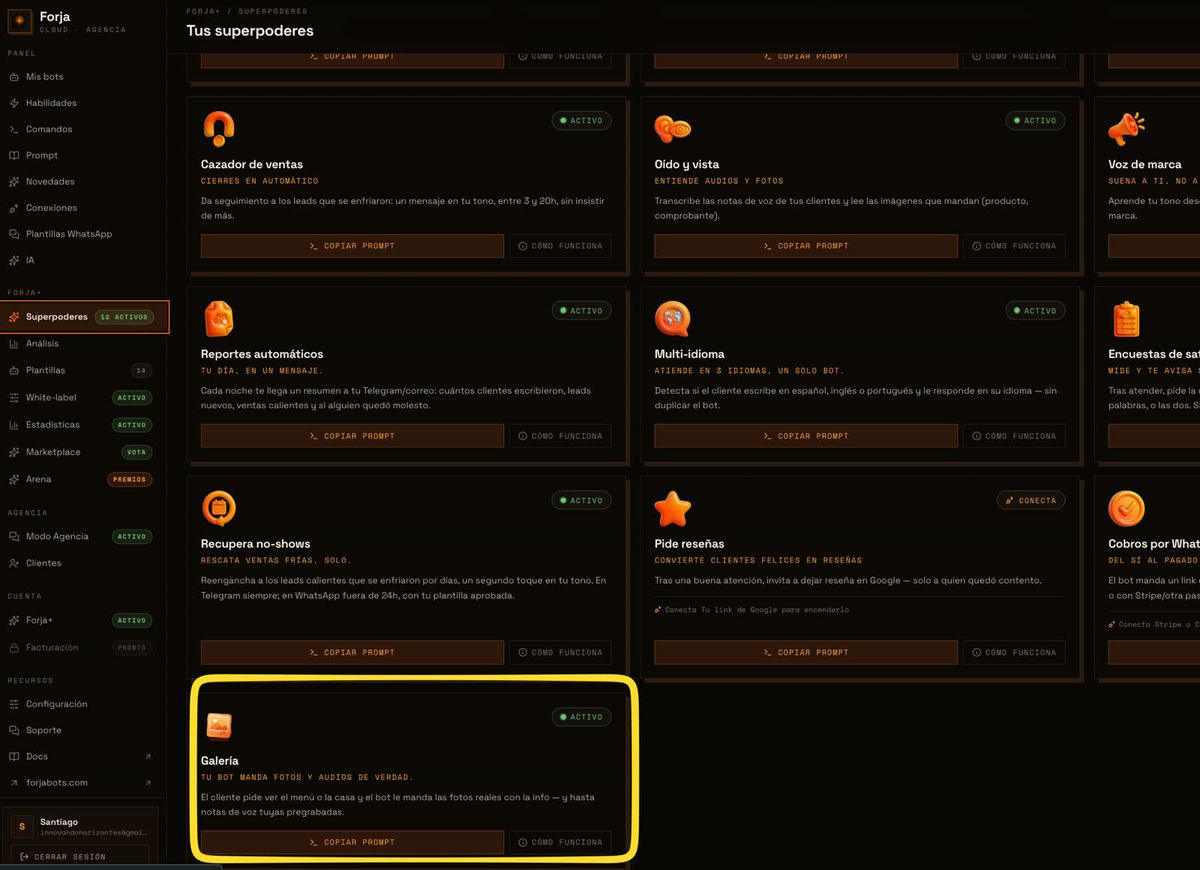 La página Tus superpoderes del panel de Forja mostrando la tarjeta del nuevo superpoder Galería resaltada, con estado activo