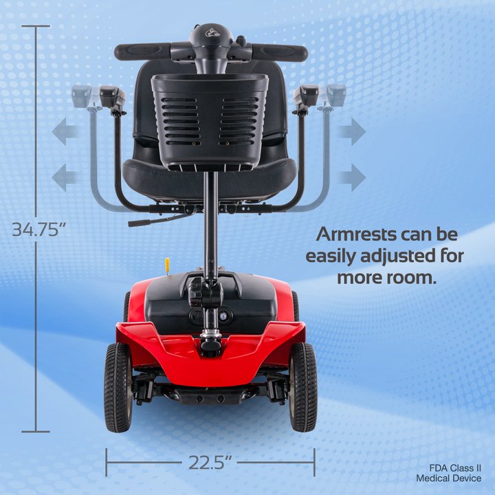 Rascal Venture 4-Wheel front view showing armrest width adjustment and overall dimensions