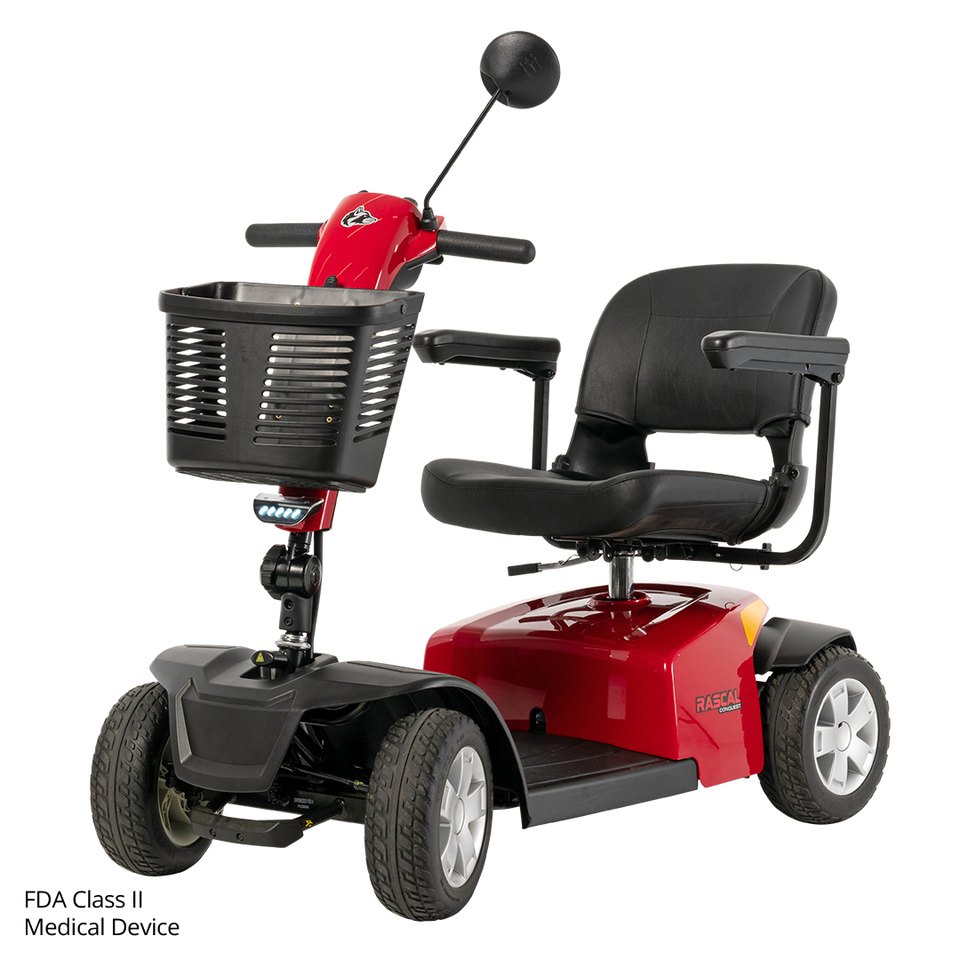 Red Rascal Conquest 4-Wheel Mobility Scooter with front basket and rearview mirror
