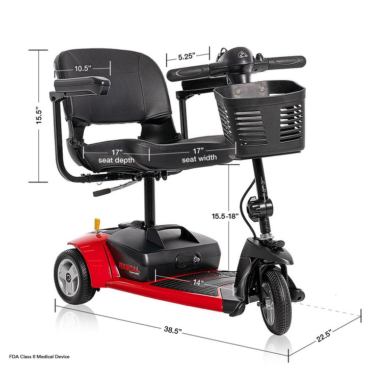 Manufacturer dimension diagram of the Rascal Venture 3-Wheel scooter and 17-inch seat