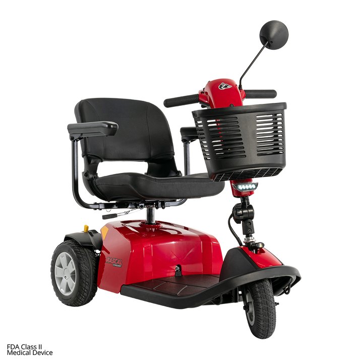 Red Rascal Conquest 3-Wheel mobility scooter from the opposite front angle