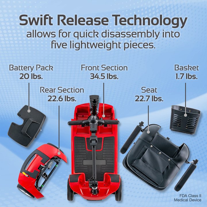 Rascal Venture 4-Wheel disassembled into battery pack, front section, rear section, seat and basket