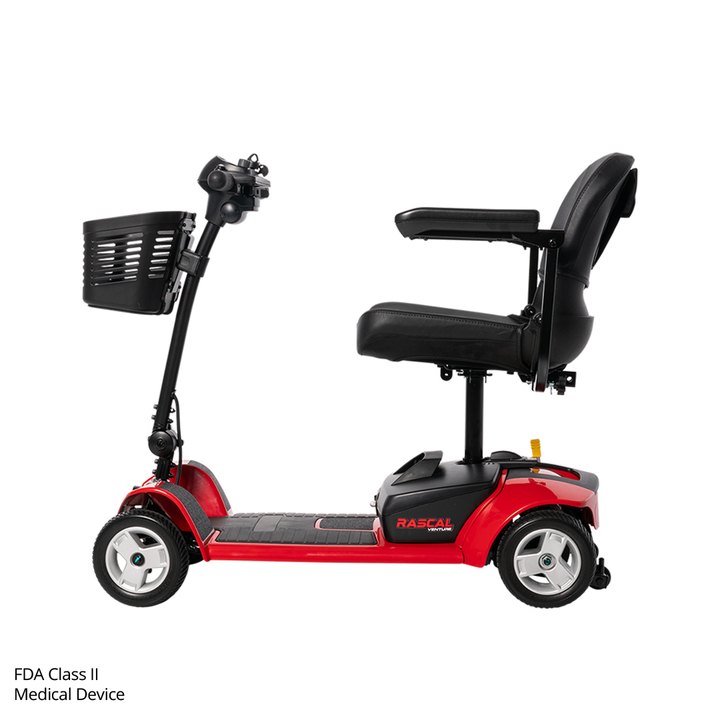 Red Rascal Venture 4-Wheel mobility scooter in side profile