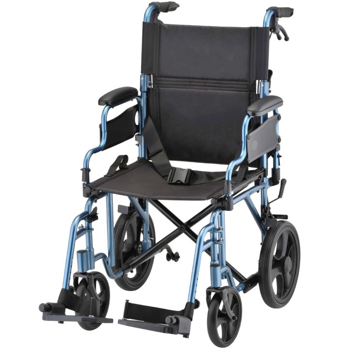 Lightweight Transport Chair with 12 Rear Wheels, Locking Hand Brakes, Flip Up Desk Arms, one grip break #353B