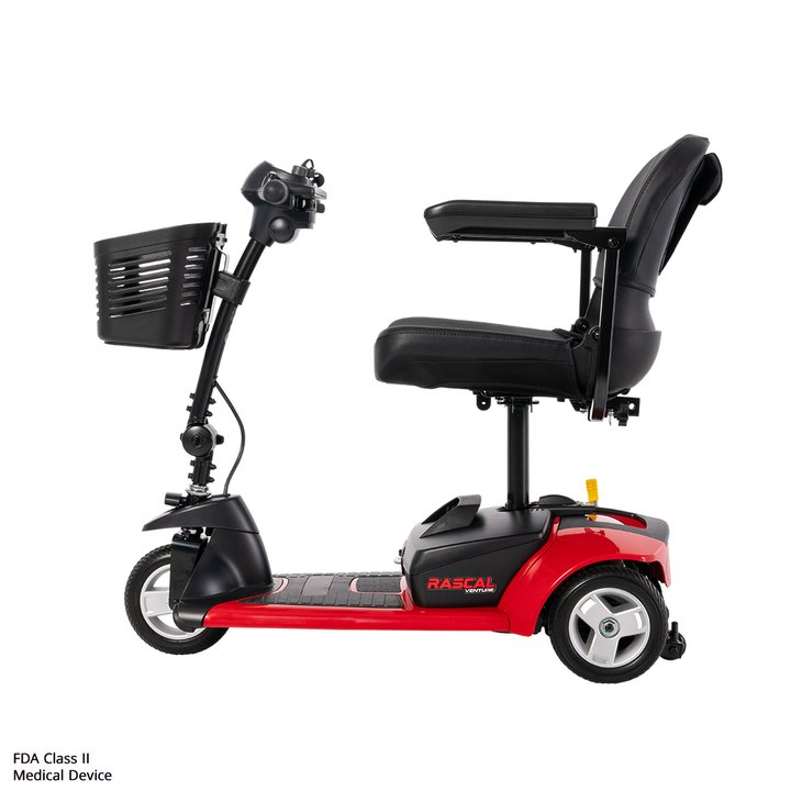 Red Rascal Venture 3-Wheel mobility scooter in side profile