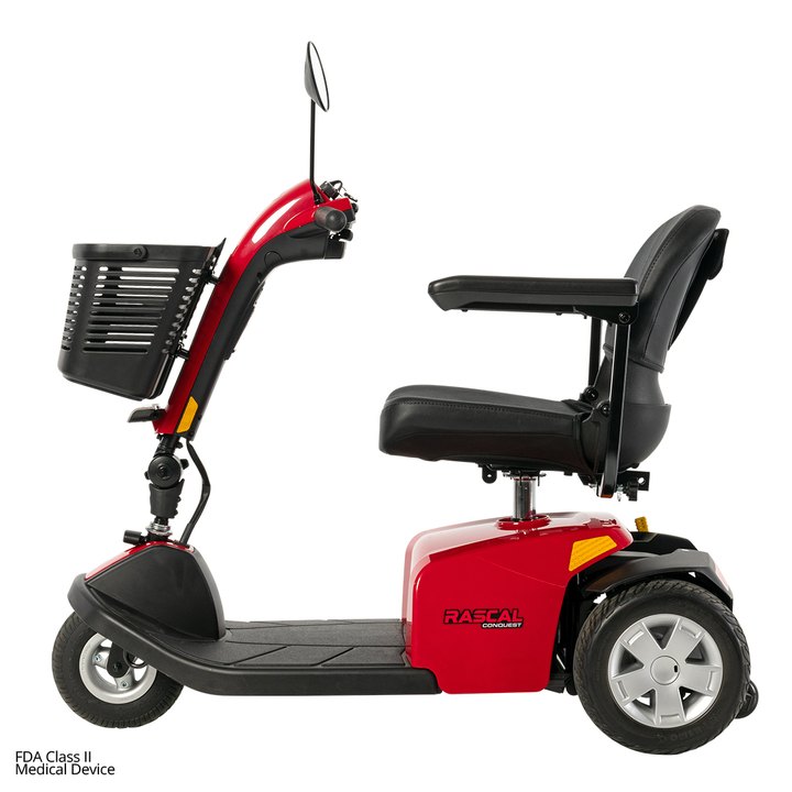 Red Rascal Conquest 3-Wheel mobility scooter, left side view