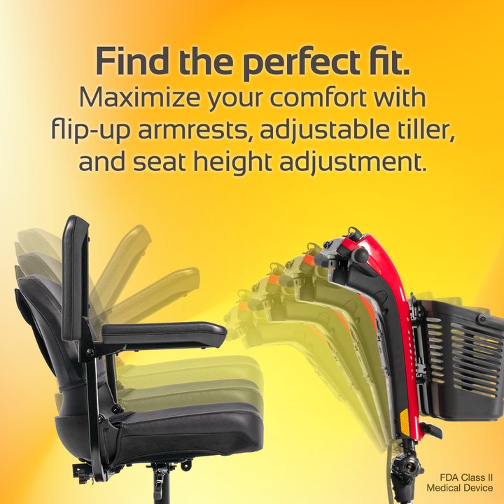 Rascal Conquest adjustable tiller and flip-up armrests illustrated by the manufacturer