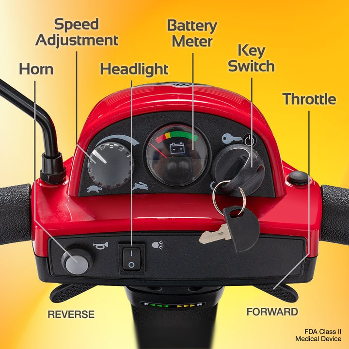 Rascal Conquest tiller controls showing speed adjustment, battery meter, key switch, horn, headlight and throttle