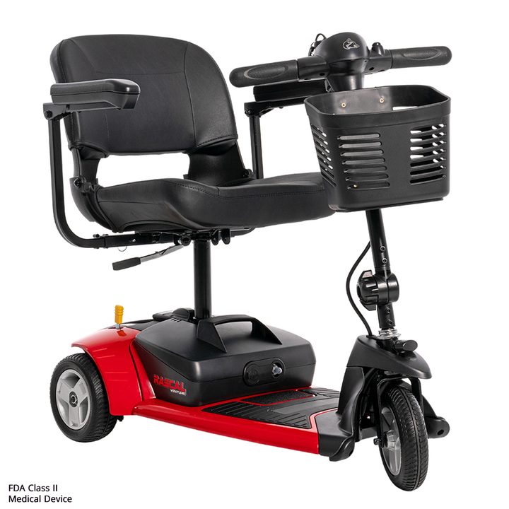Red Rascal Venture 3-Wheel mobility scooter with front basket and black swivel seat, front three-quarter view
