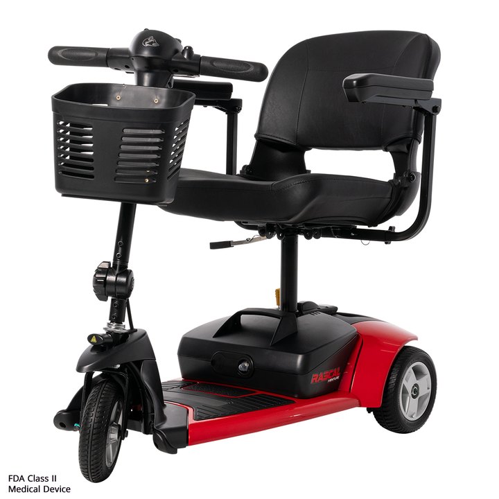 Red Rascal Venture 3-Wheel mobility scooter, opposite front three-quarter view