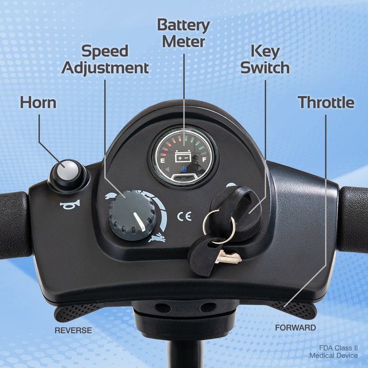 Rascal Venture tiller controls showing horn, speed dial, battery meter, key switch and throttle