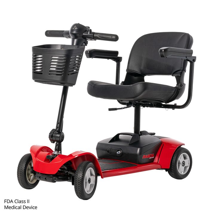 Red Rascal Venture 4-Wheel mobility scooter with front basket and black seat, front three-quarter view