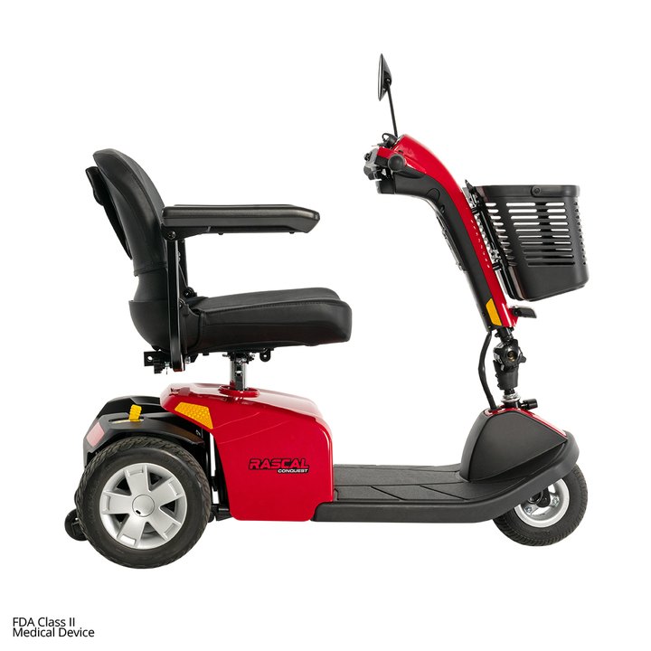 Red Rascal Conquest 3-Wheel mobility scooter, right side view