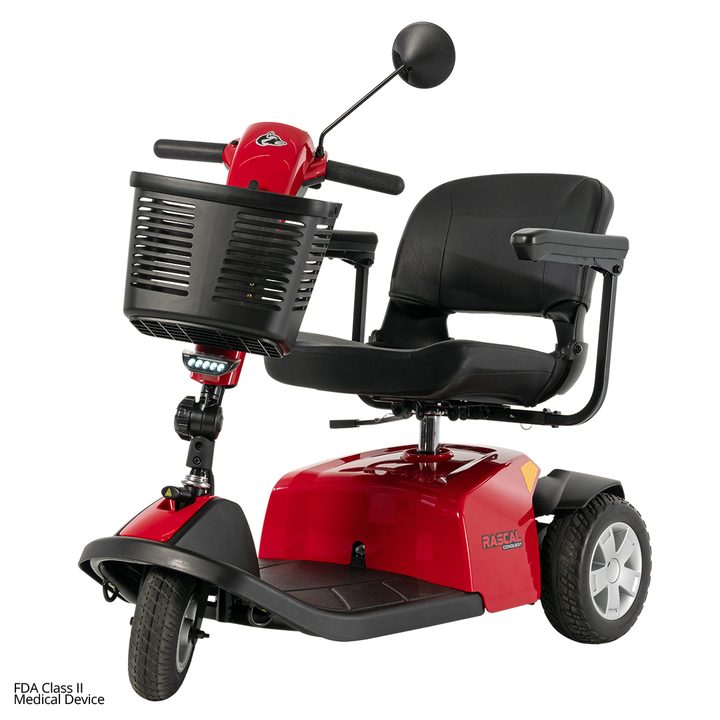 Red Rascal Conquest 3-Wheel mobility scooter, front three-quarter view with basket and rearview mirror