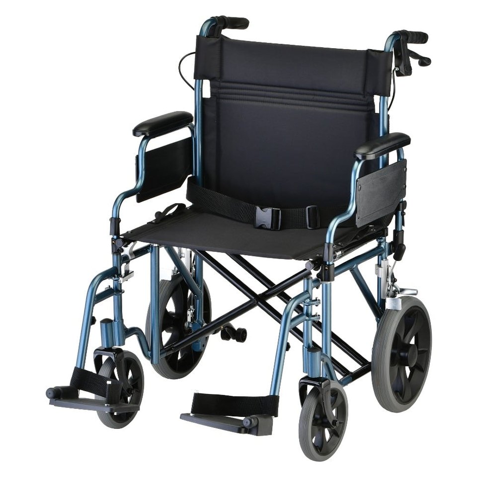 Heavy Duty Transport Chair with 12 Wheels, Hand Brakes, Removable Arms – 22 Extra Wide with Swing Away Item #_ 332B
