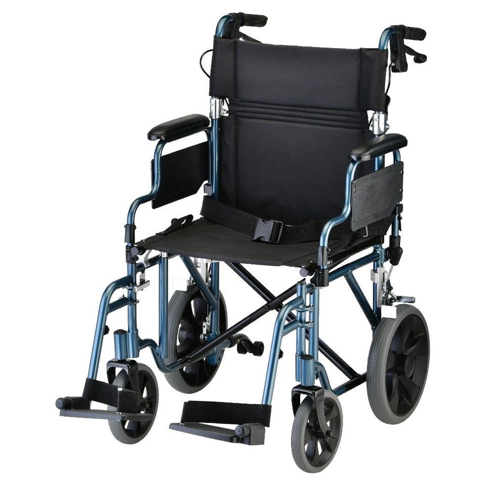 STANDARD HAND BREAK Lightweight Transport Chair with 12 Rear Wheels, Hand Breaks, Removeable Arms – 19 with Swing Away Foot Item #_ 352B