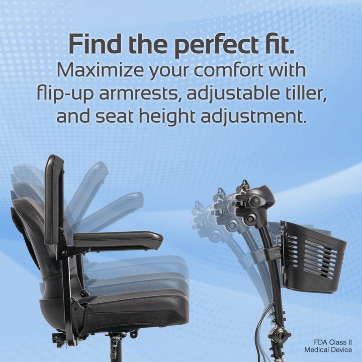 Rascal Venture seat height, flip-up armrests and tiller adjustment illustration