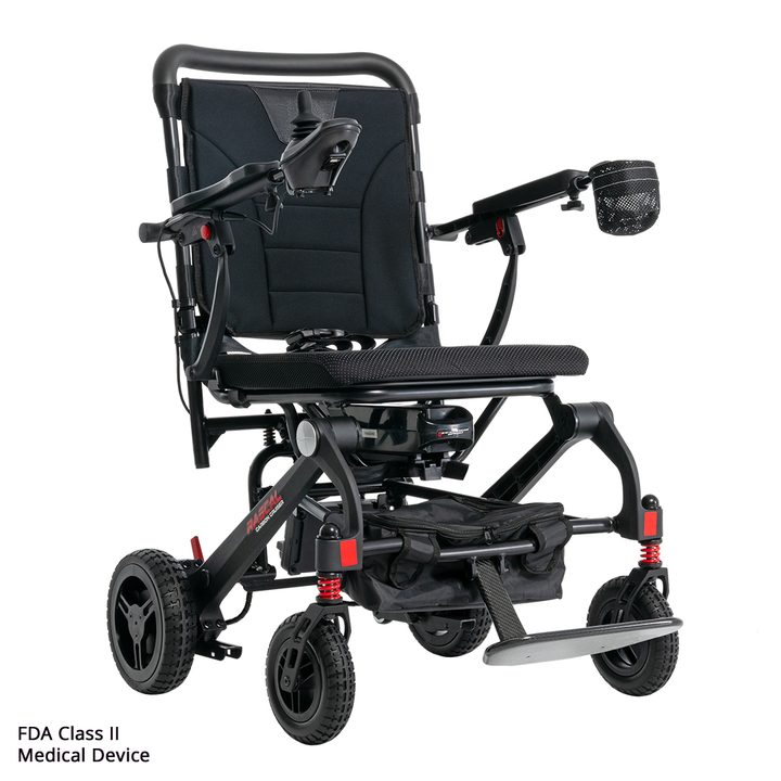 Rascal Carbon Cruiser black folding electric wheelchair, front three-quarter view with joystick, cup holder and under-seat storage