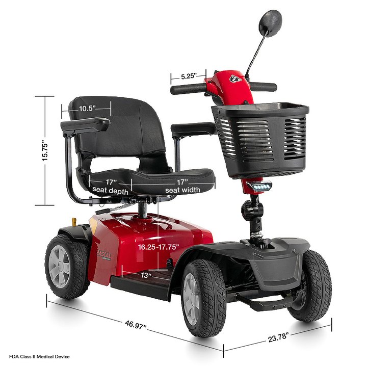 Manufacturer dimension diagram for the Rascal Conquest 4-Wheel scooter and seat