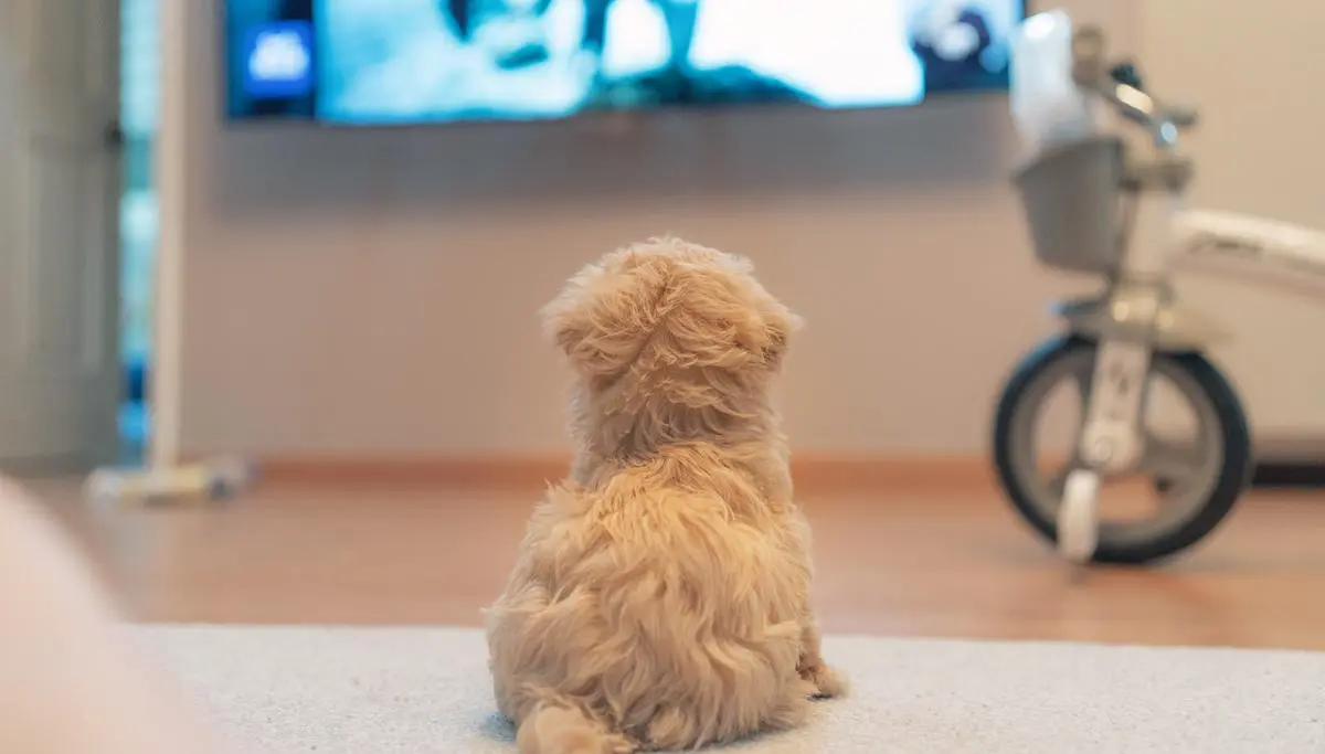 small puppy staring tv screen