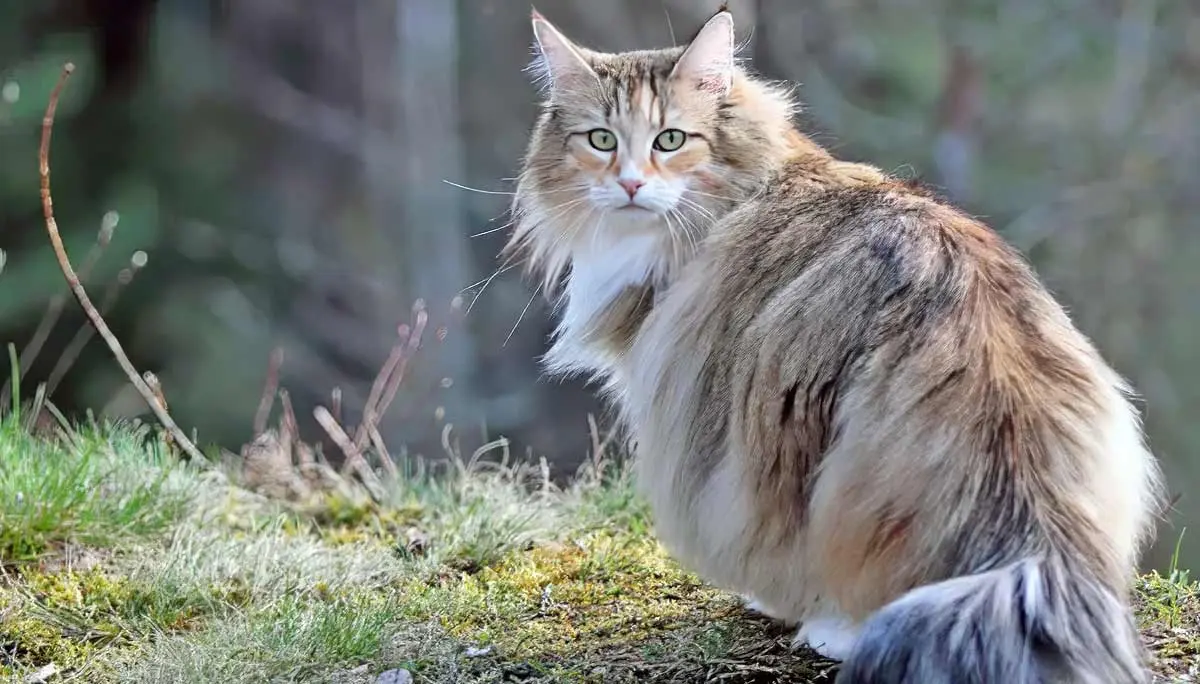 Norwegian forest cat sitting outside