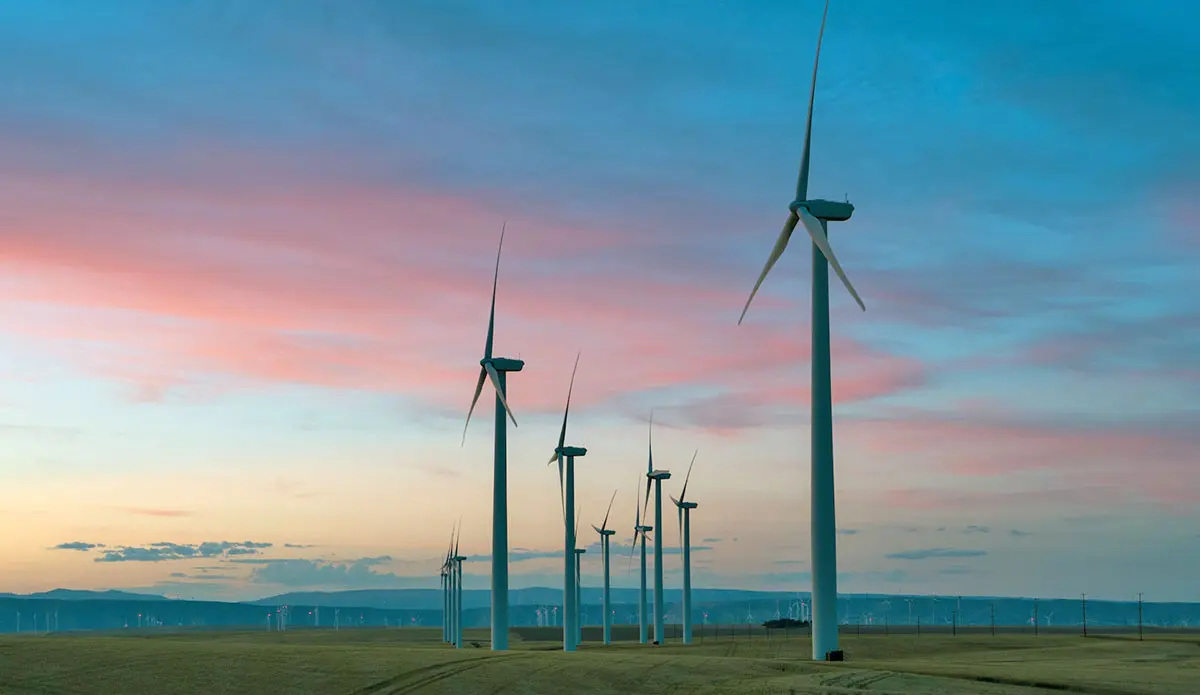 renewable energy wind farm at dusk