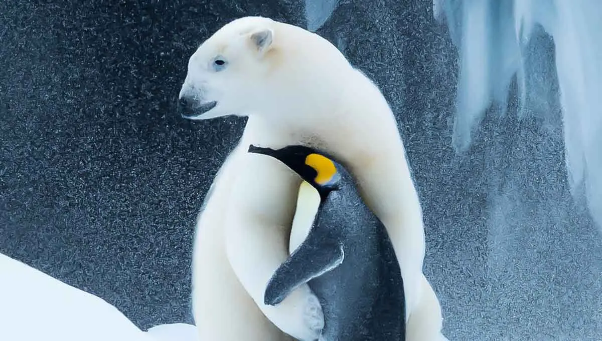 polar bear hugging a penguin