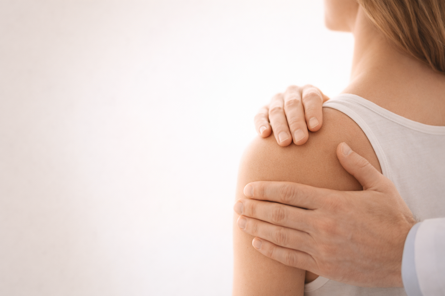 ידיים מקצועיות מטפלות בעדינות באזור הכתף להקלה על כאב ושיפור תנועה