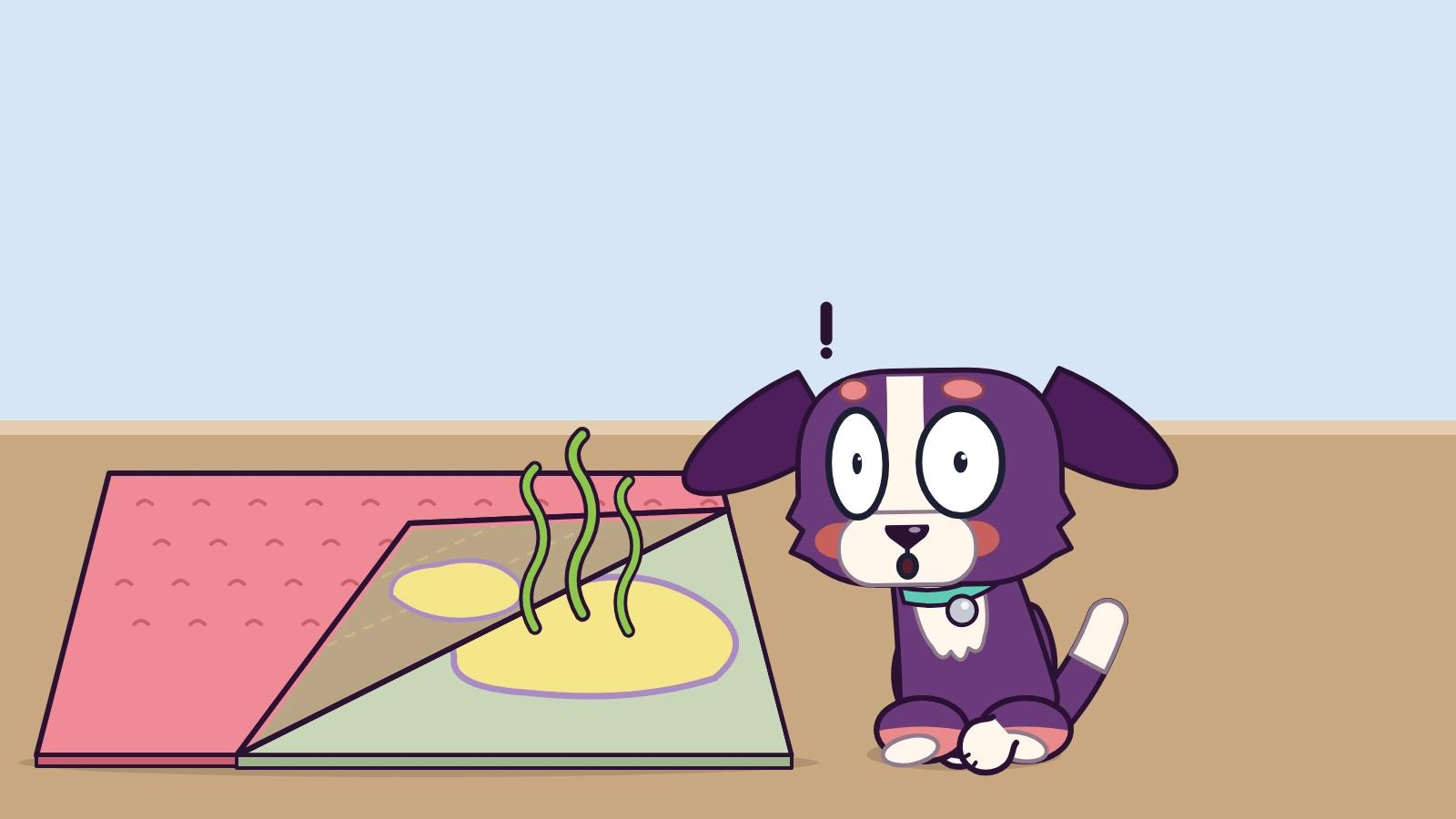 A startled dog stares at a pink carpet with one corner folded back, showing a big yellow pee stain soaked into the pad underneath and the backing