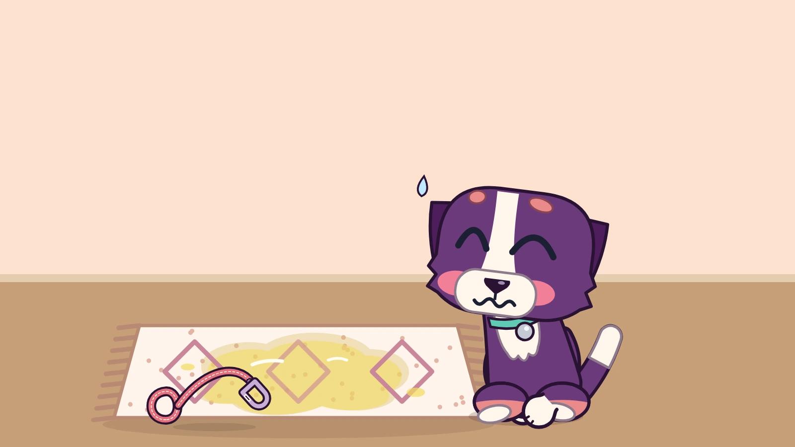 An embarrassed purple dog sits on a peach room floor beside a fresh stain with two faded older rings and a dropped red leash.