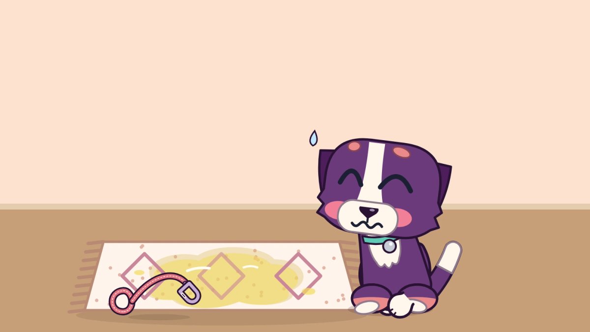An embarrassed purple dog sits on a peach room floor beside a fresh stain with two faded older rings and a dropped red leash.