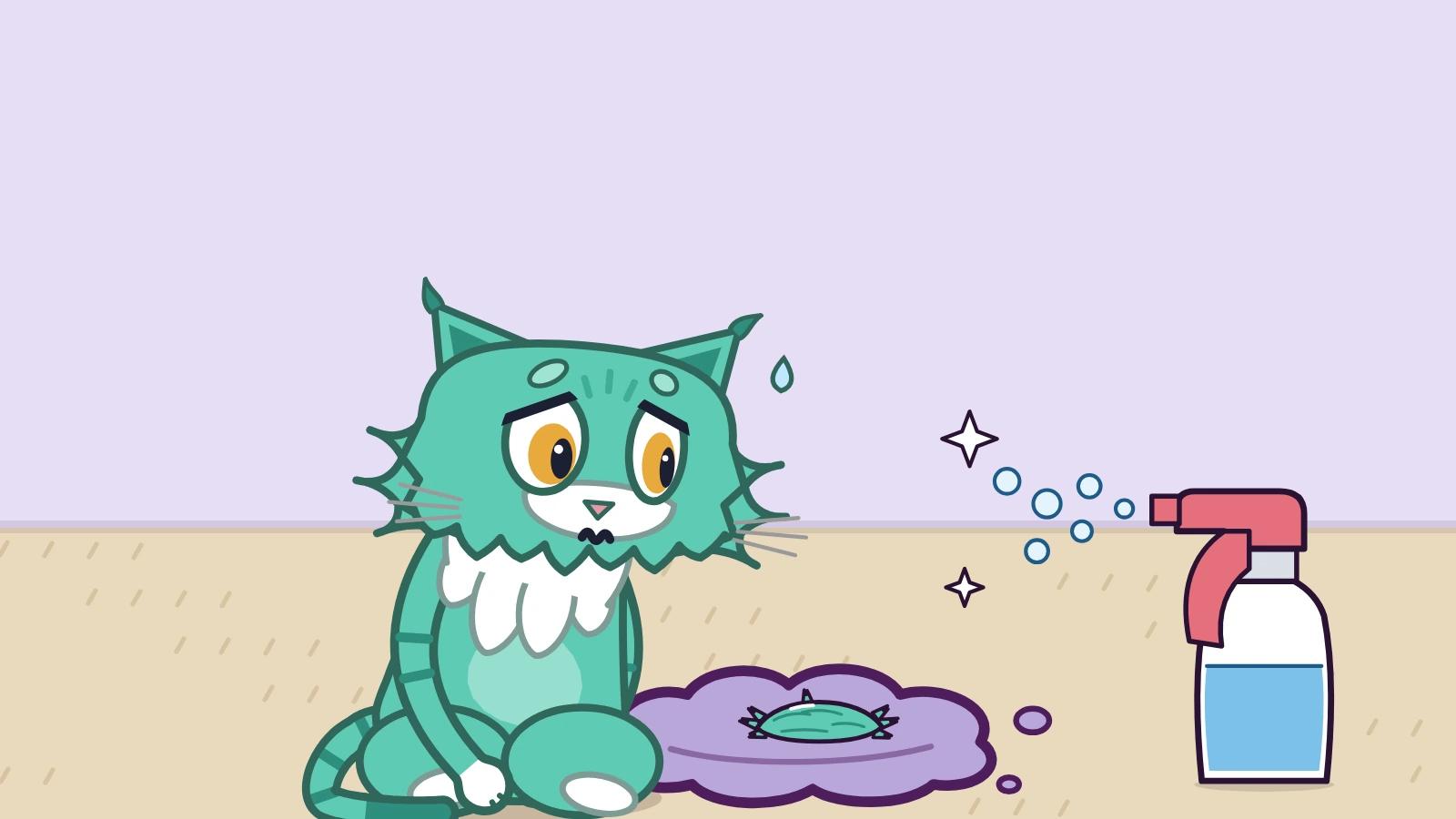 A worried seafoam kitten sits on beige carpet beside a lilac stain while a spray bottle mists toward it.