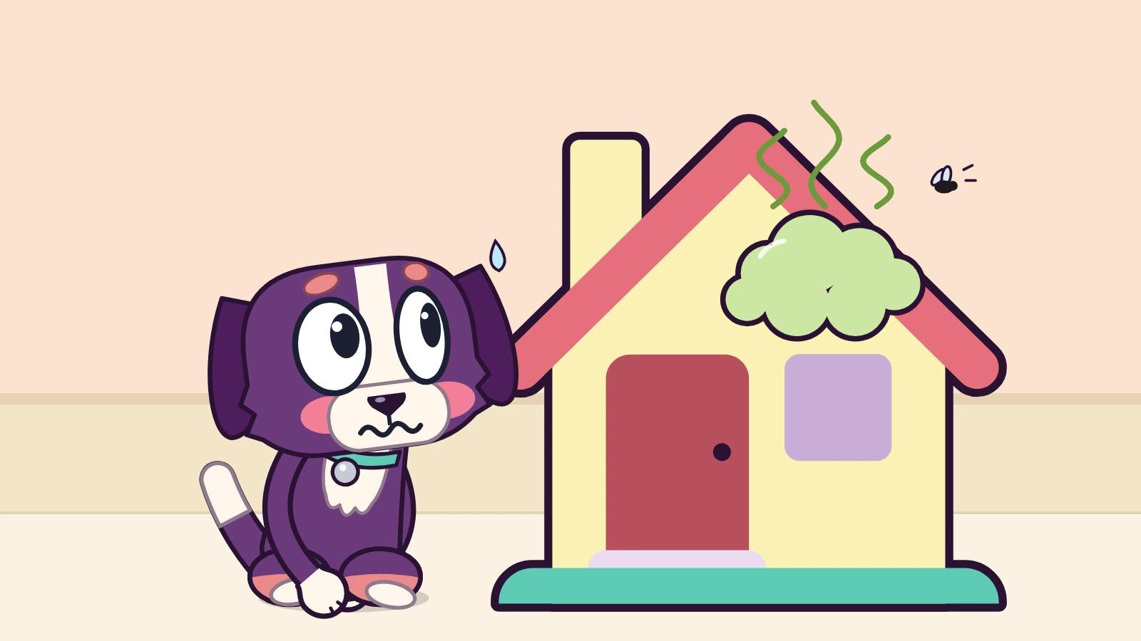A worried purple puppy sits beside a small yellow house with a green smelly cloud drifting over the roof.