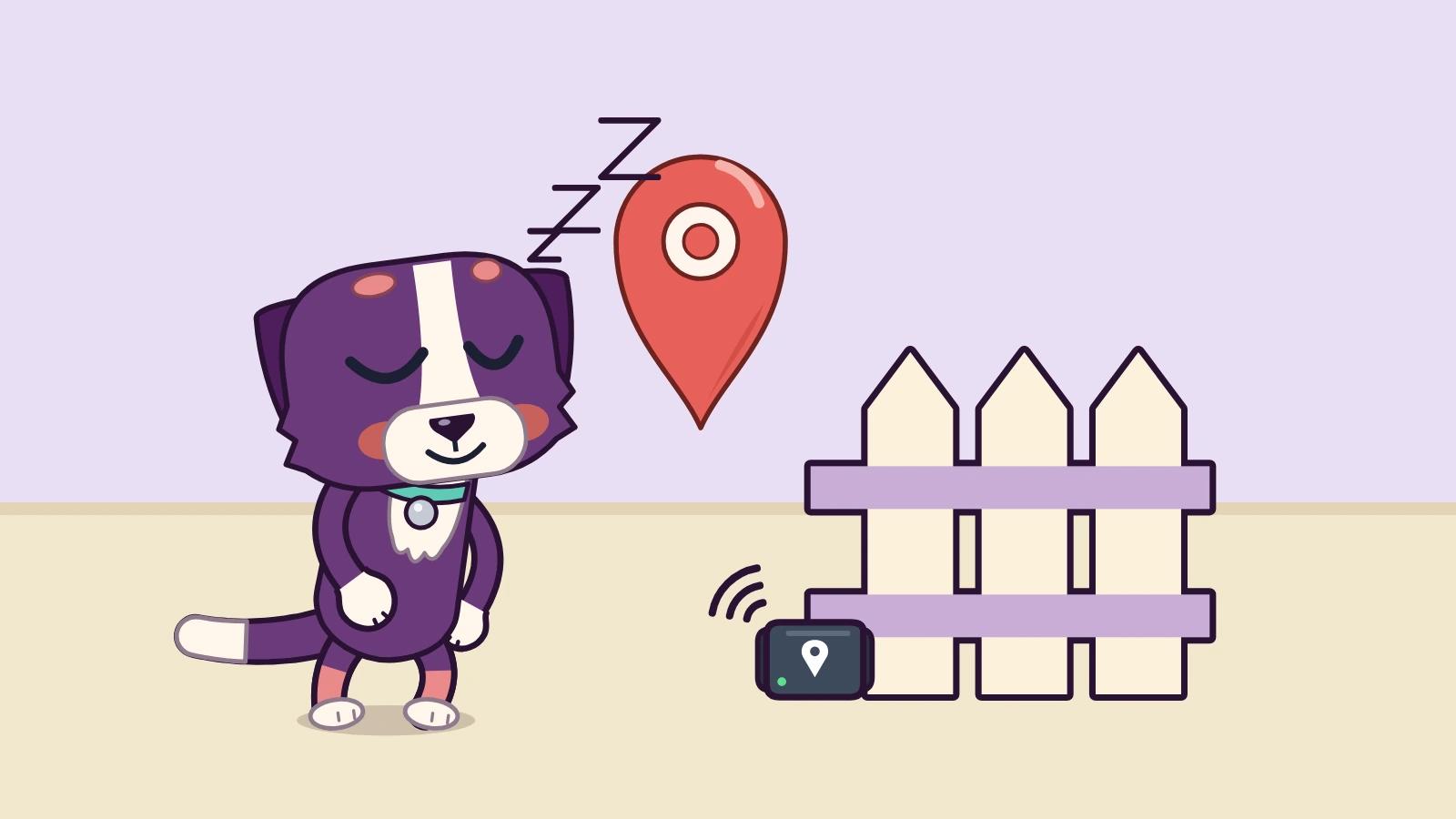 A sleepy content purple pup dozes beside a garden fence with a small tracker and a red location pin above it.