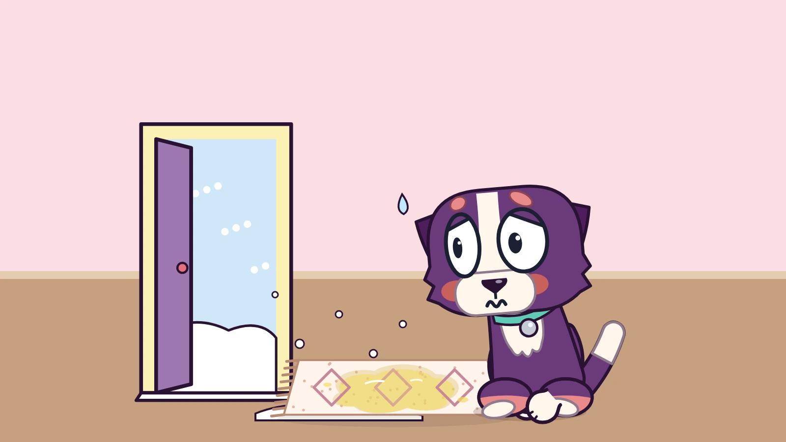 A worried purple dog sits shivering on a pink room floor near a stain and an open door with snow drifts and falling flakes blowing in.