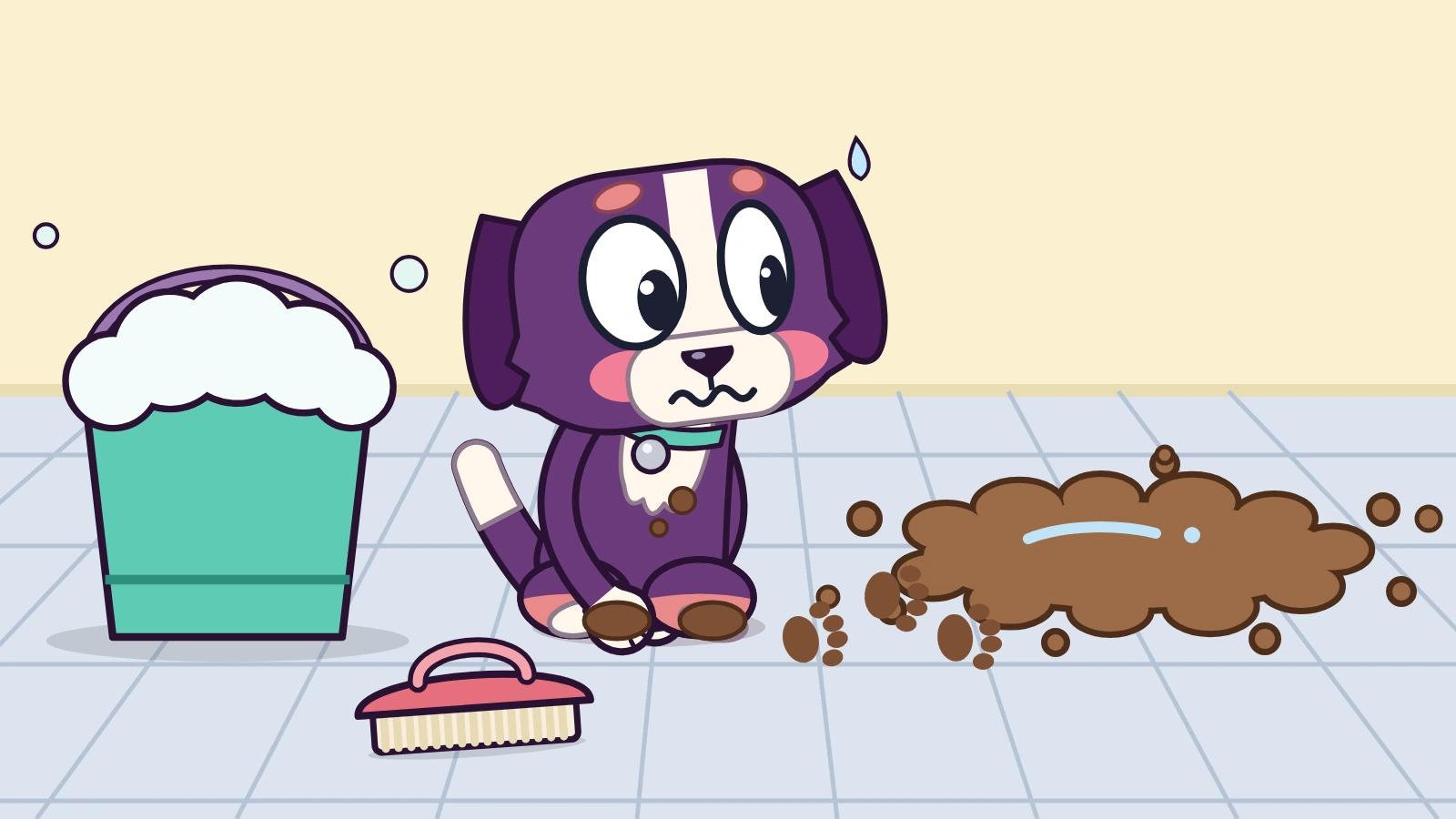 An embarrassed purple puppy with muddy paws sits between a foamy teal bucket with a scrub brush and a trail of brown paw prints leading to a big mud puddle on a blue tiled floor.