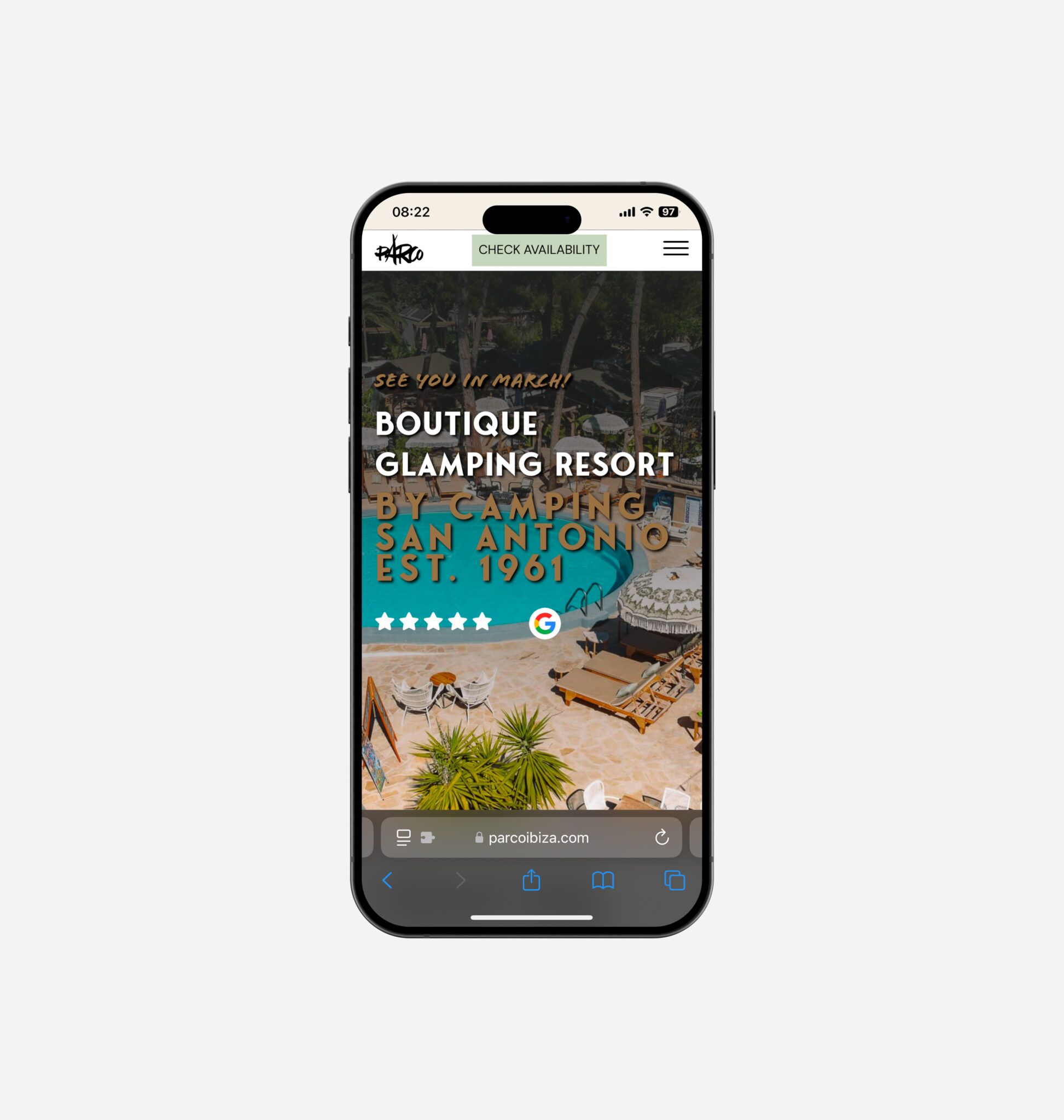 Website van Parco Ibiza op een smartphone