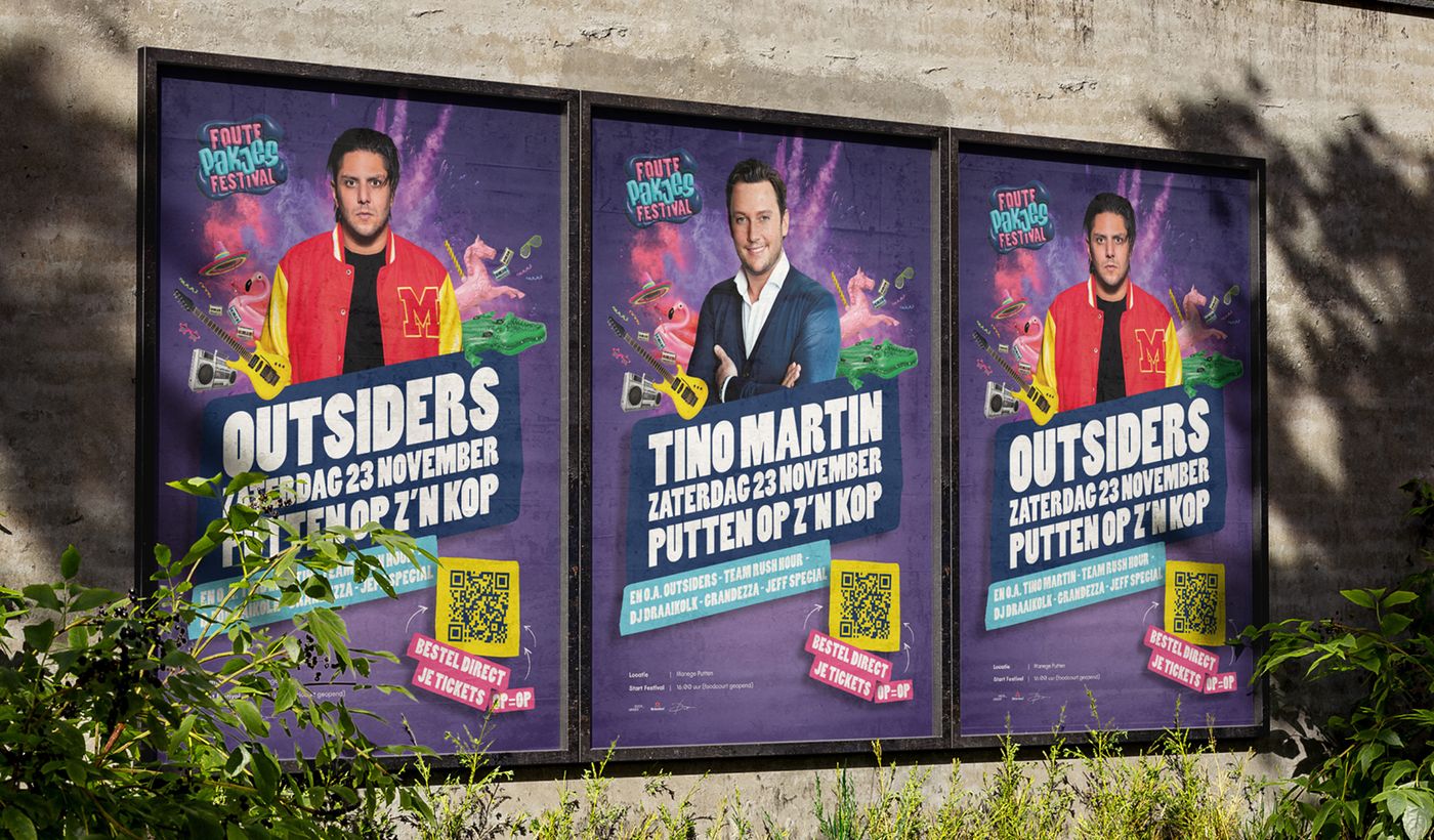 Drie festivalposters langs een weg
