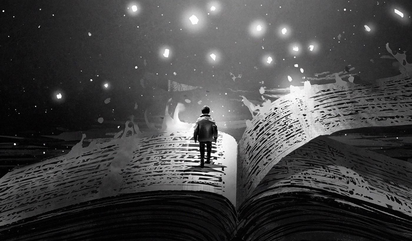 Kind leest in een boek met lichtjes, als beeld voor de kracht van verhalen