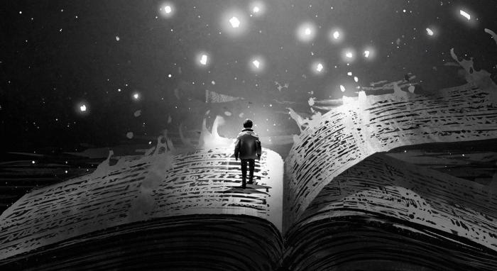Kind leest in een boek met lichtjes, als beeld voor de kracht van verhalen