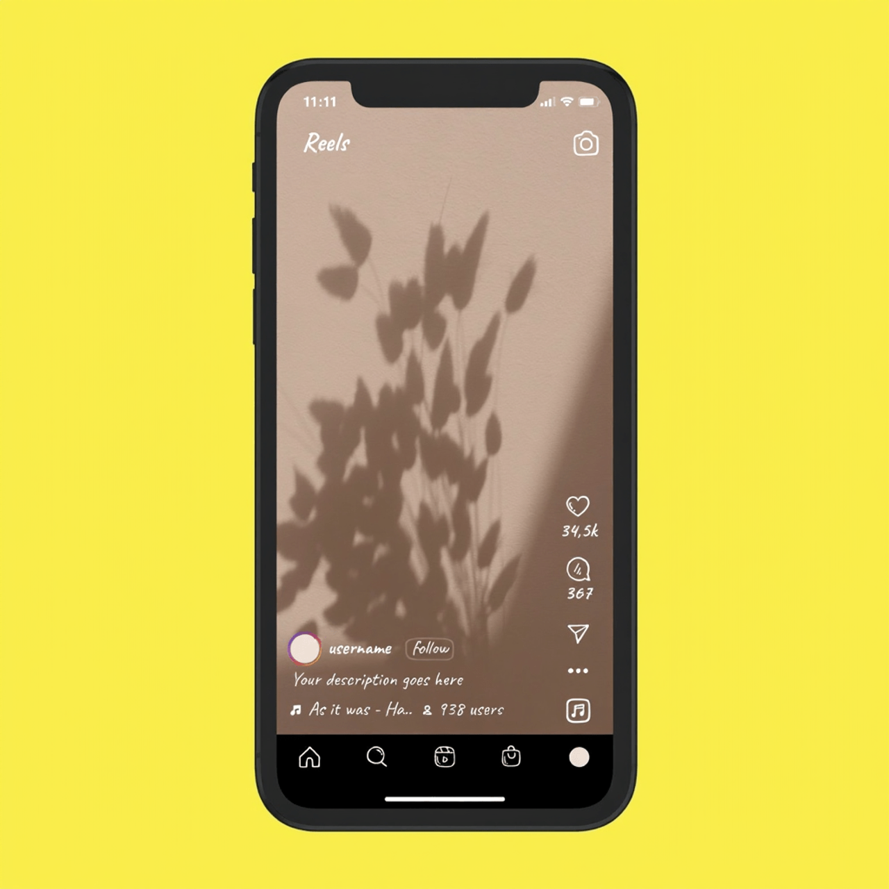 Smartfon z ekranem Instagram Reels na żółtym tle