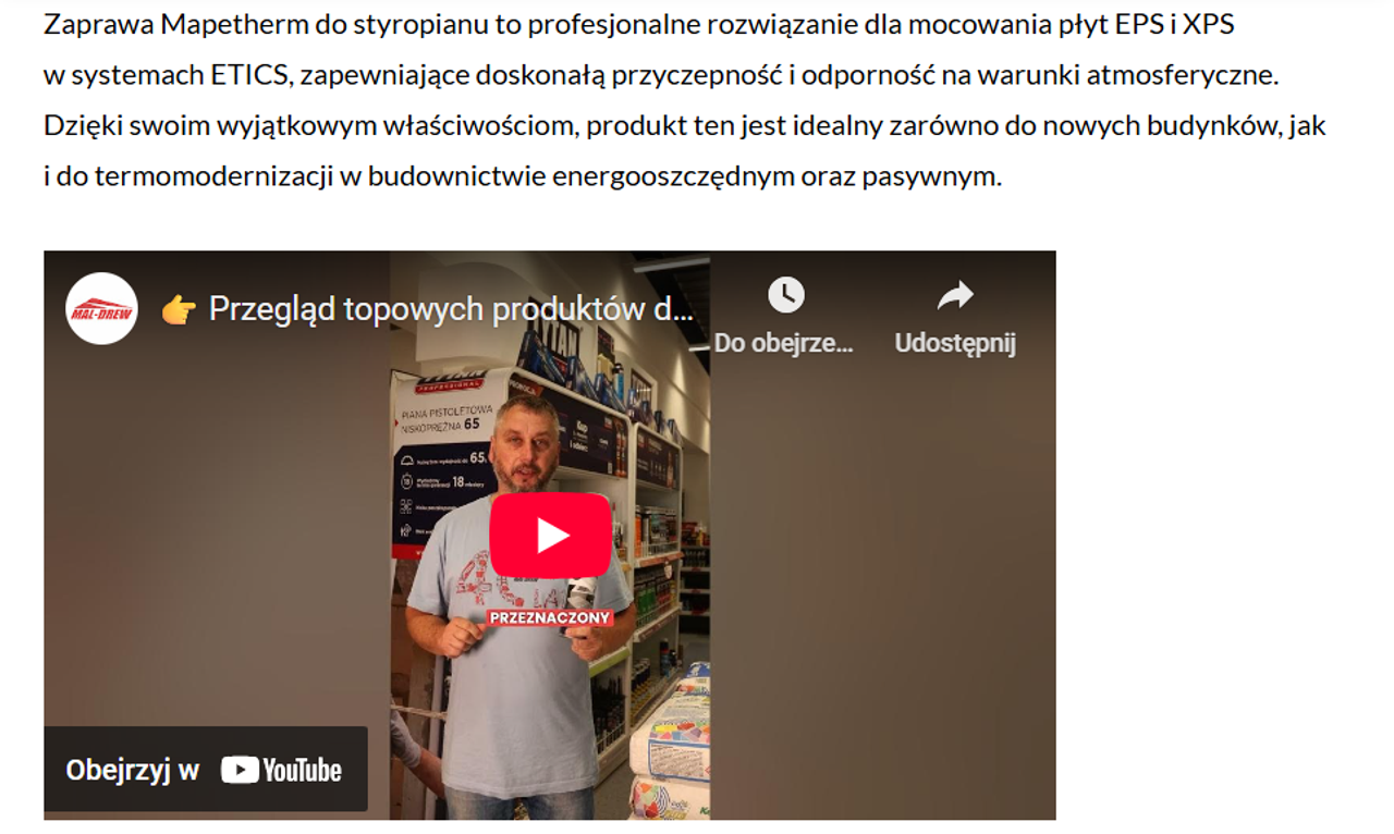 Opis produktu Mapetherm z filmem YouTube o przeglądzie produktów budowlanych