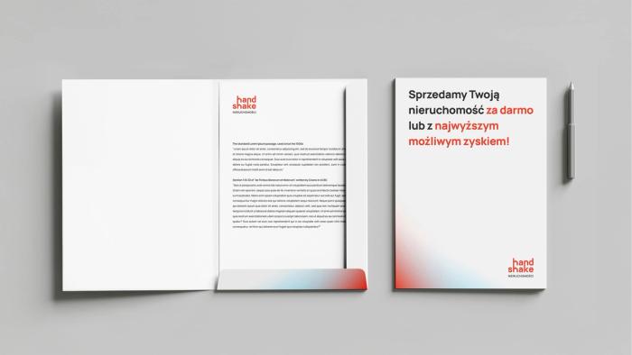 Biała teczka Handshake z kolorowym gradientem i papier firmowy z hasłem głównym