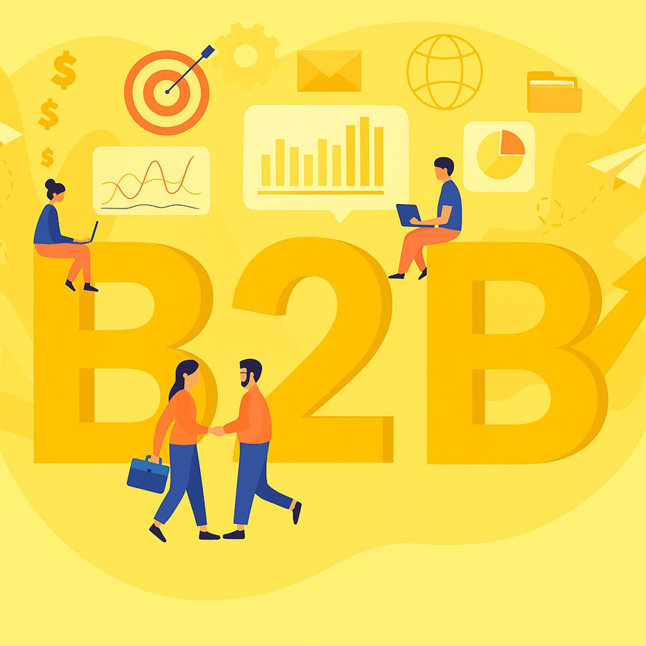 Grafika B2B – postacie z laptopami, wykresami i ikonami marketingu na żółtym tle