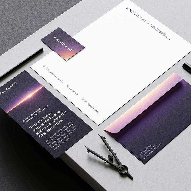Zestaw materiałów firmowych Welcomag — papier, wizytówka, ulotka z motywem świetlnym